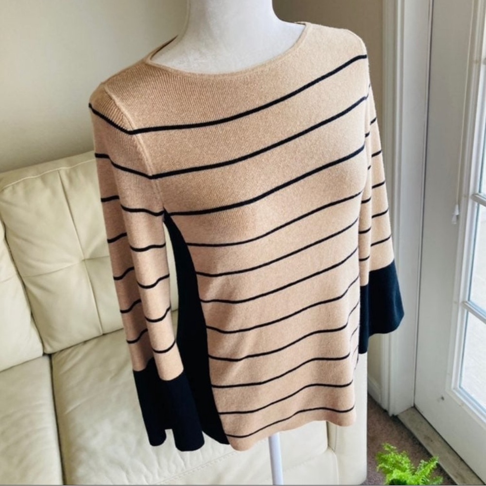 Chico’s Black Tan Striped Sweater Bell Sleeve Size 0
